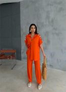 OMUZ MİDYE SIRALI BLUZ - PAÇA PENSLİ PANTOLON TAKIM - Orange resmi